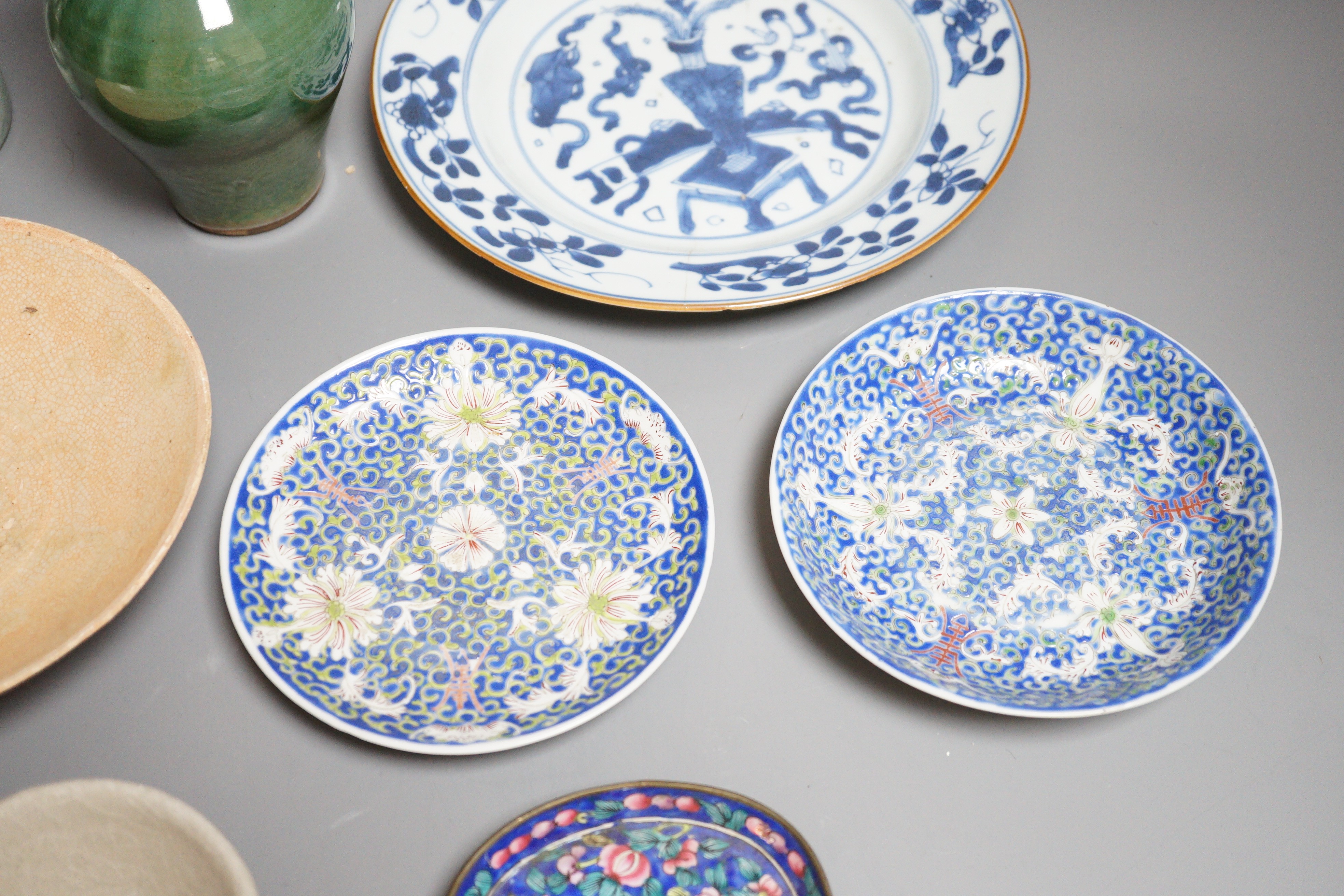 An 18th century Chinese blue and white dish together with other Chinese ceramics, dish diameter 22cm